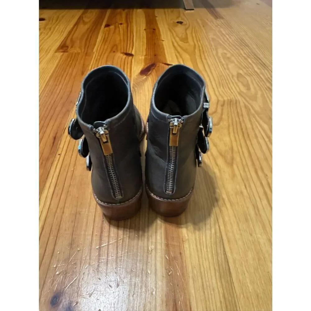 Loeffler Randall Fenton 3 Gold Tone Buckle & Green Leather Ankle Booties Size 10
